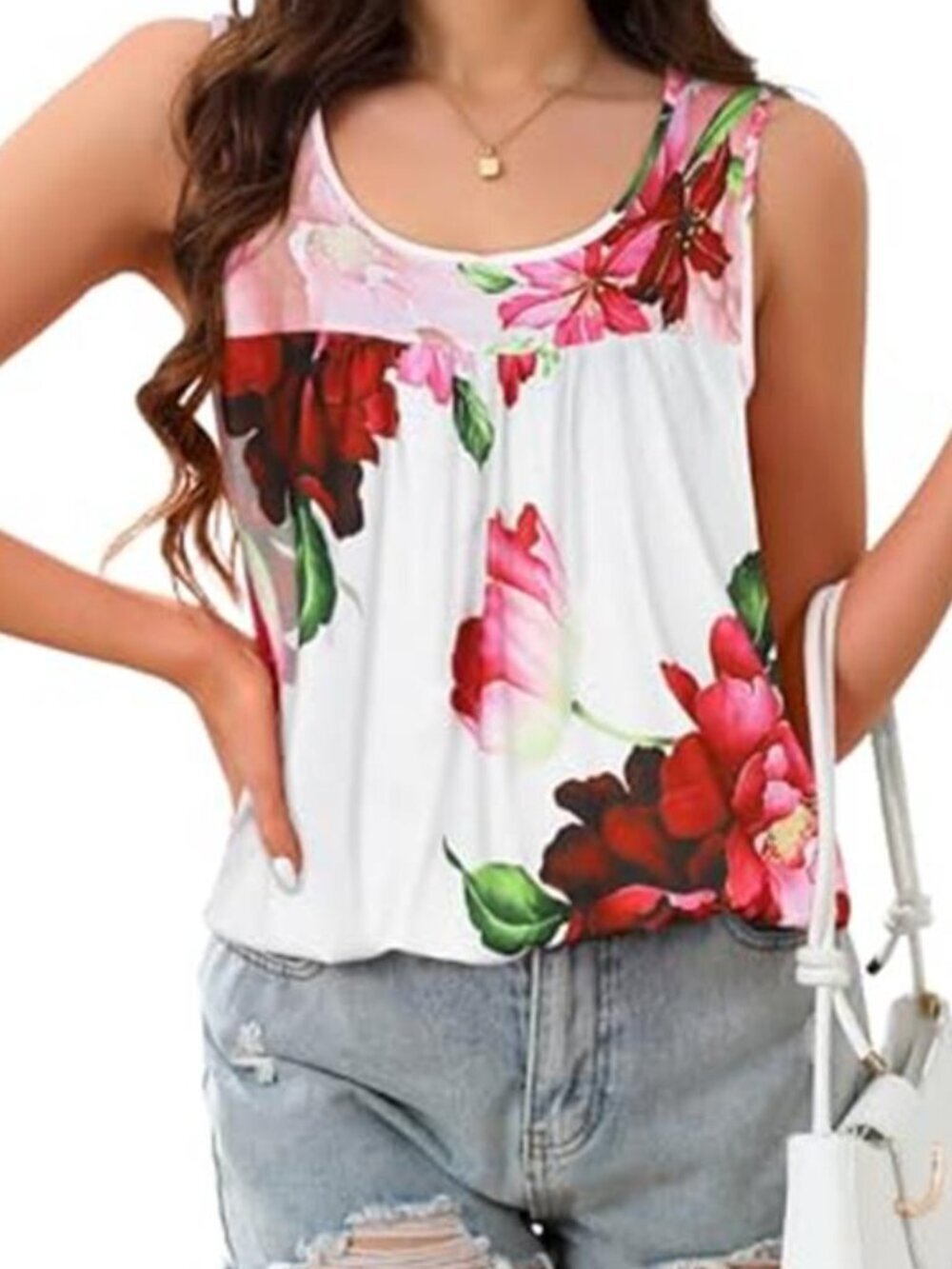 Womens Tank Top Crewneck Sleeveless Floral Tunic Shirt - Picture 6 of 6